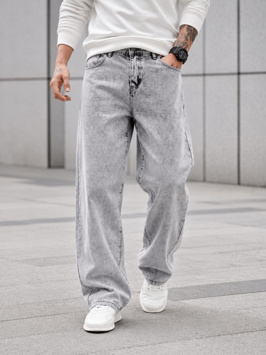 Bemount Bemount 90s Acid Trip Baggy Jeans in Acid Wash Grey, front view