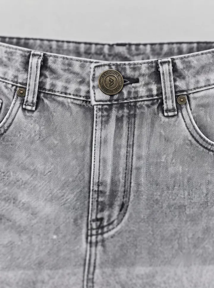 Bemount Bemount 90s Acid Trip Baggy Jeans in Acid Wash Grey, waist closeup view