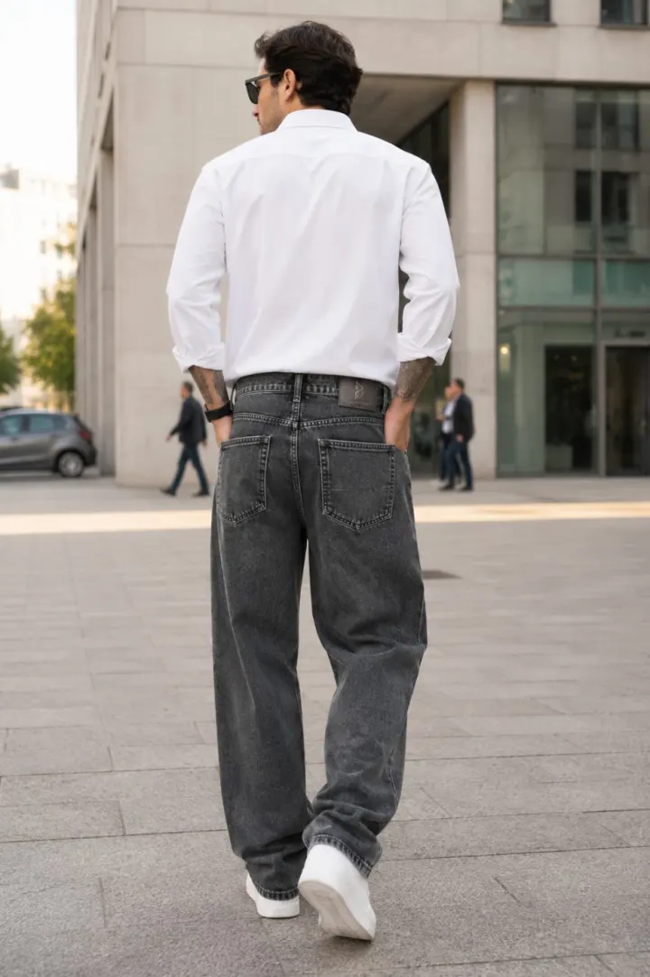 Bemount Bemount 90s Charcoal Core Baggy Jeans in Charcoal Black, back view