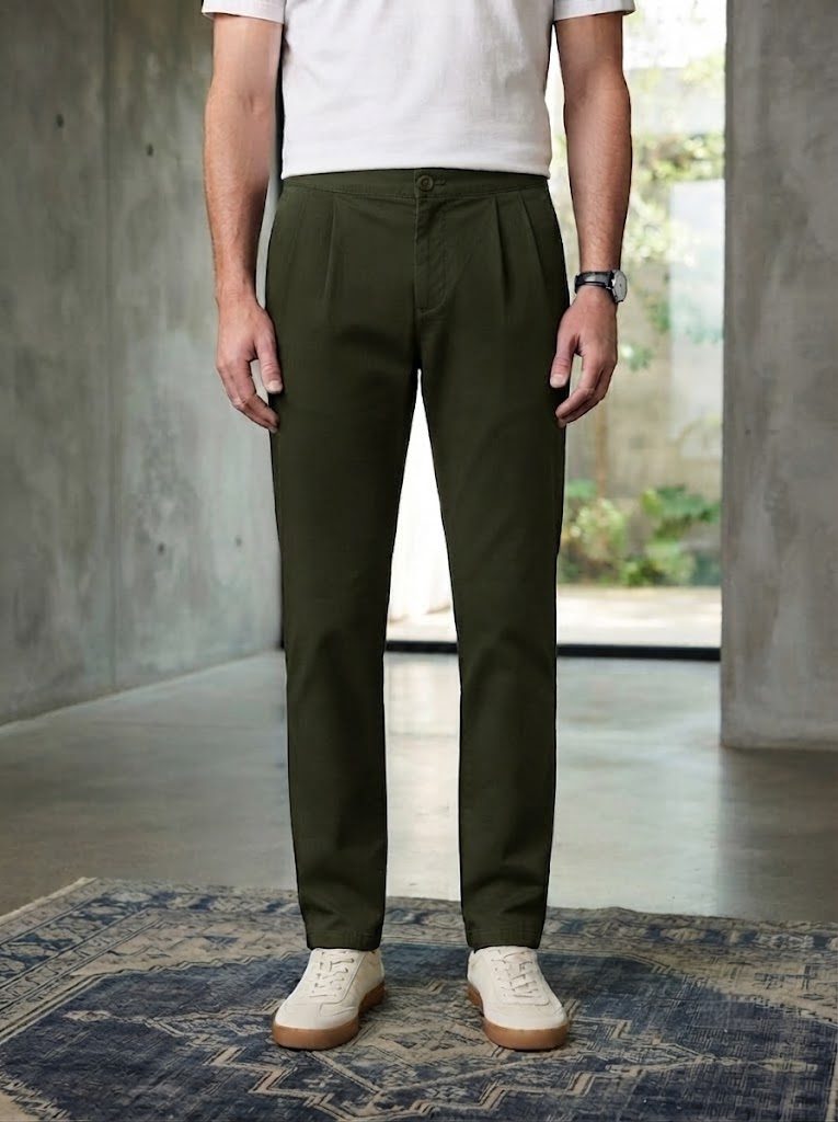 Pleated Deep Olive Chino, front view