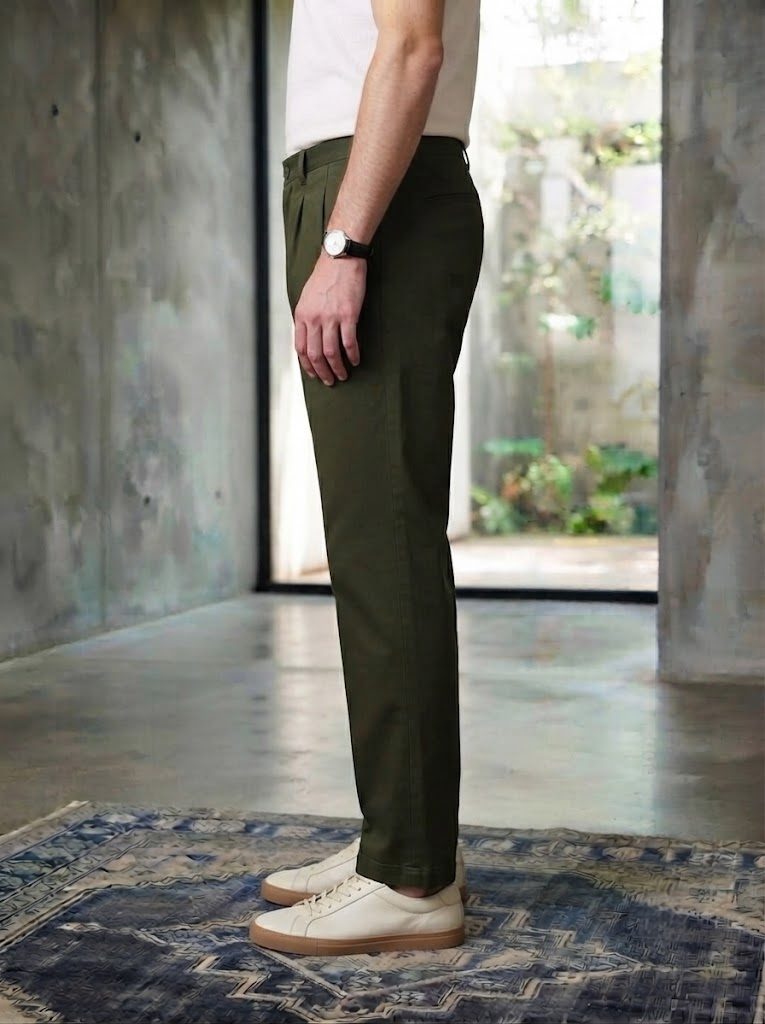 Pleated Deep Olive Chino, side view