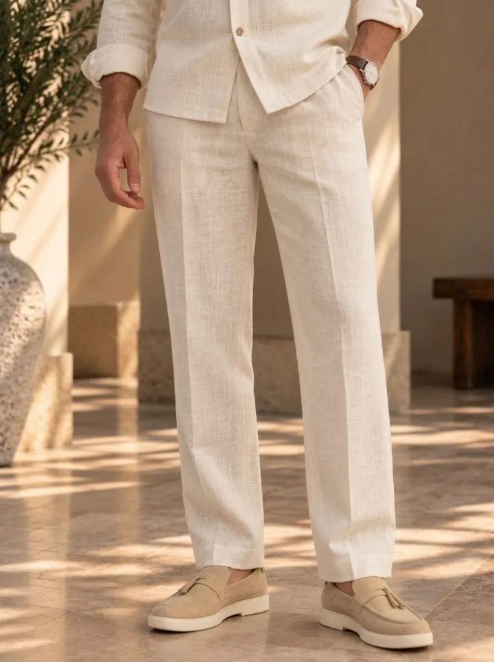 Bemount Bemount Arvan Mandarin Linen Co-ord Set in Ivory, trousers