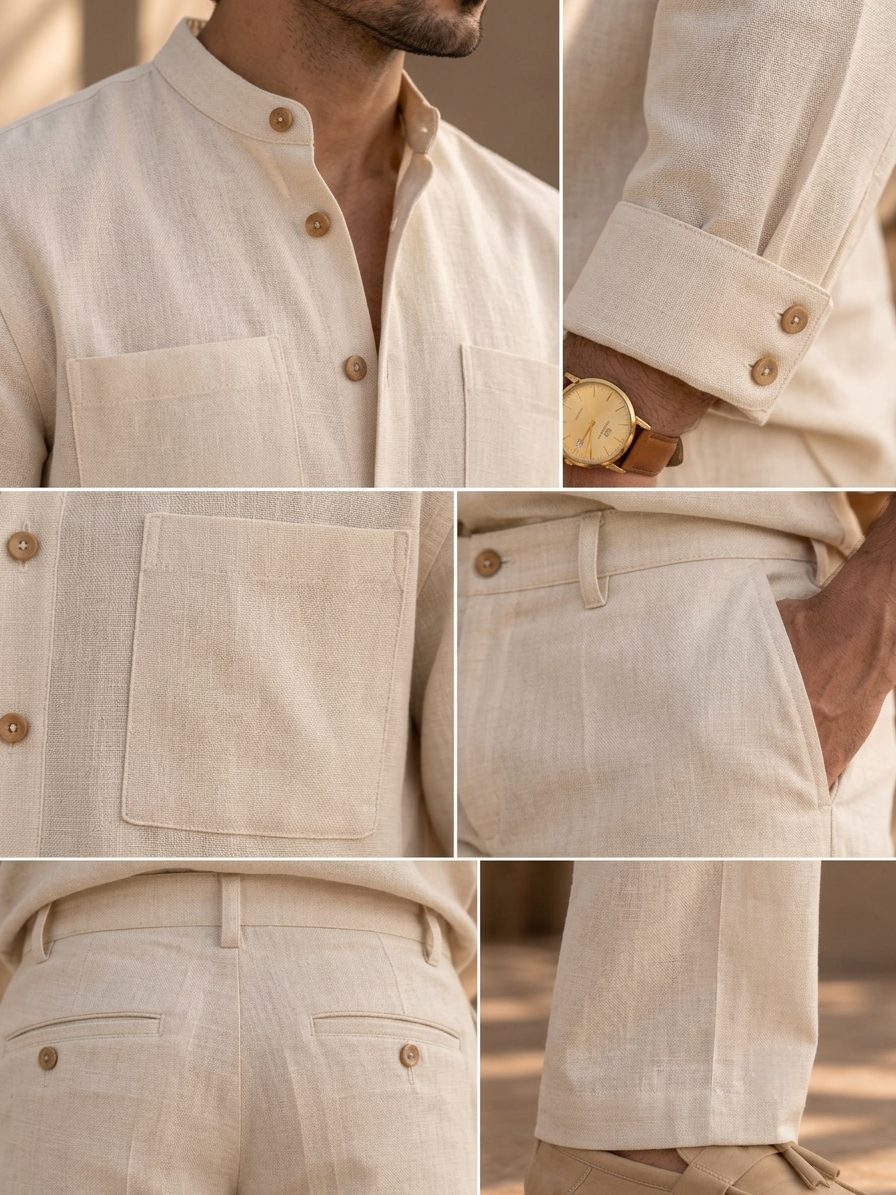 Bemount Arvan Mandarin Linen Co-ord Set in Ivory, collar, pocket, cuff and waistband details
