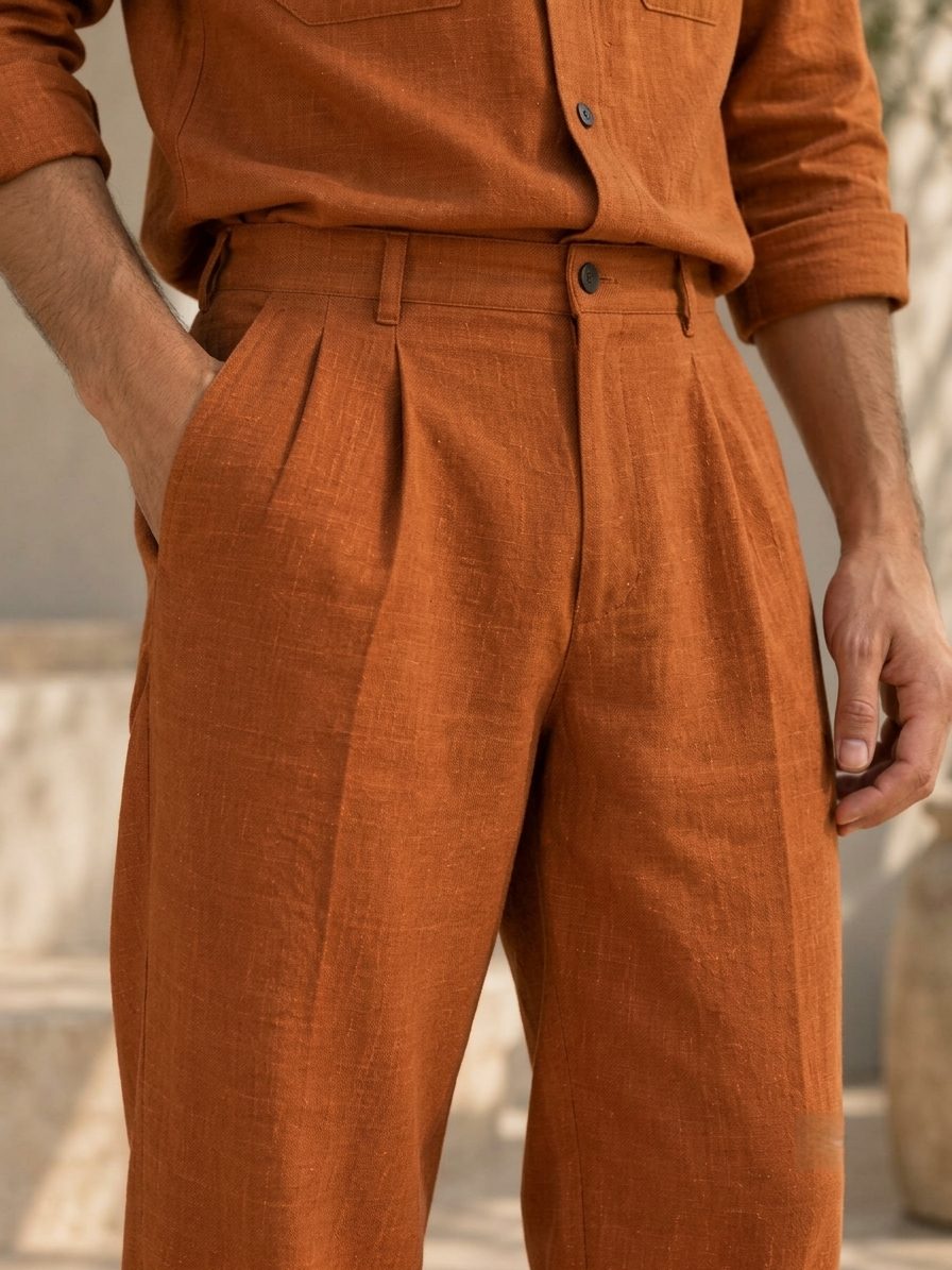 Bemount Aurelio Linen Co-ord Set in Burnt Rust, pleated waist detail