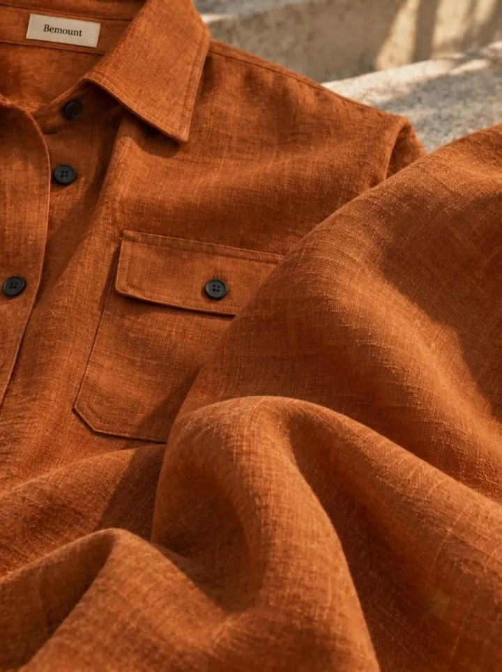 Bemount Bemount Aurelio Linen Co-ord Set in Burnt Rust, fabric texture