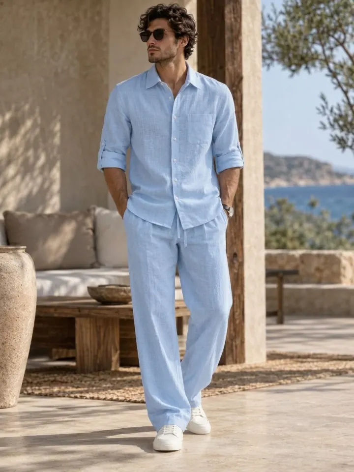 Bemount Bemount Auren Sky Linen Co-ord Set in Sky Blue, front view