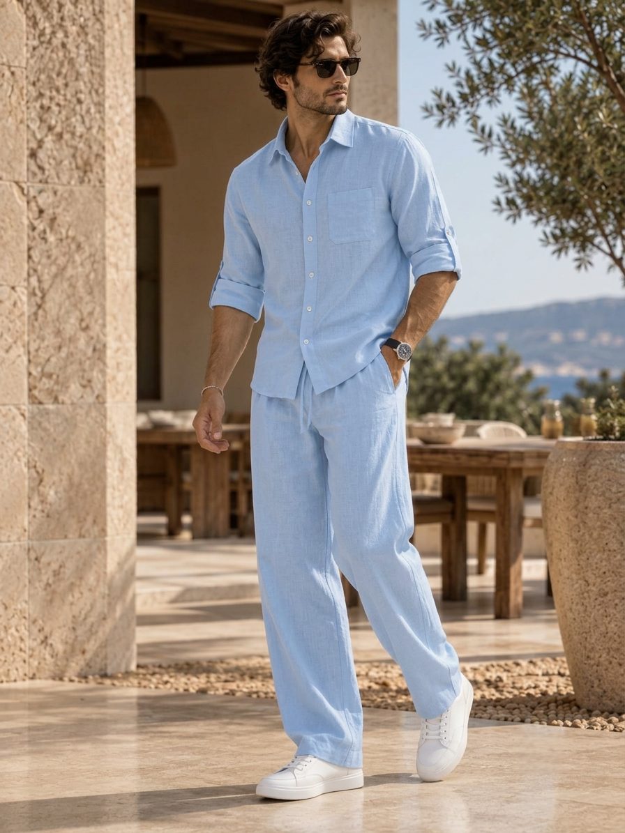 Bemount Auren Sky Linen Co-ord Set in Sky Blue, three-quarter view