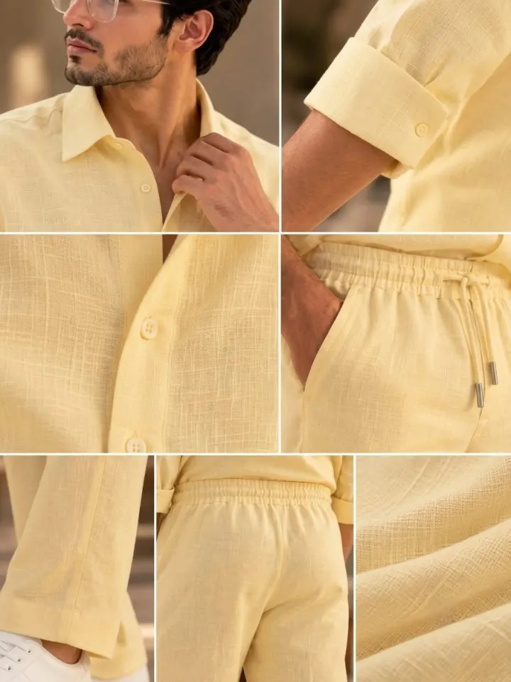 Bemount Bemount Buttercream Linen Co-ord Set in Buttercream, collar, cuff, waist and fabric details