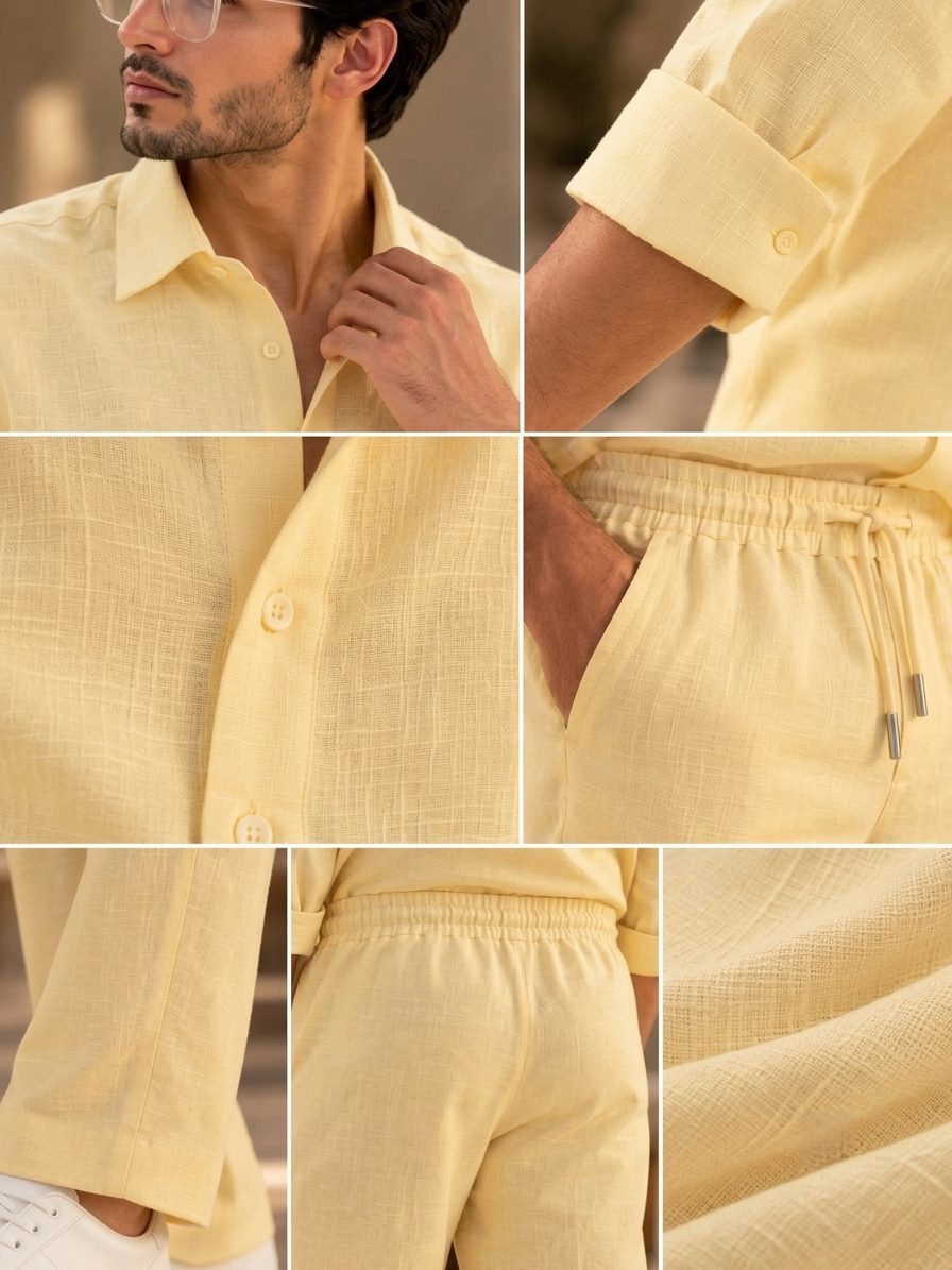 Bemount Buttercream Linen Co-ord Set in Buttercream, collar, cuff, waist and fabric details