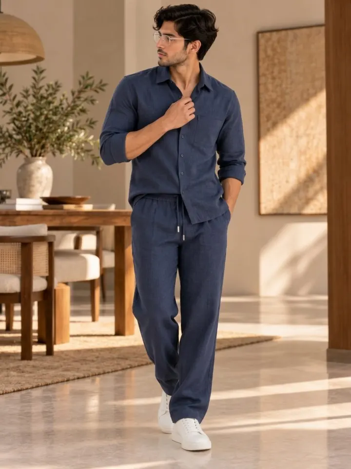 Bemount Bemount Midnight Sapphire Linen Co-ord Set in Midnight Navy, walking view