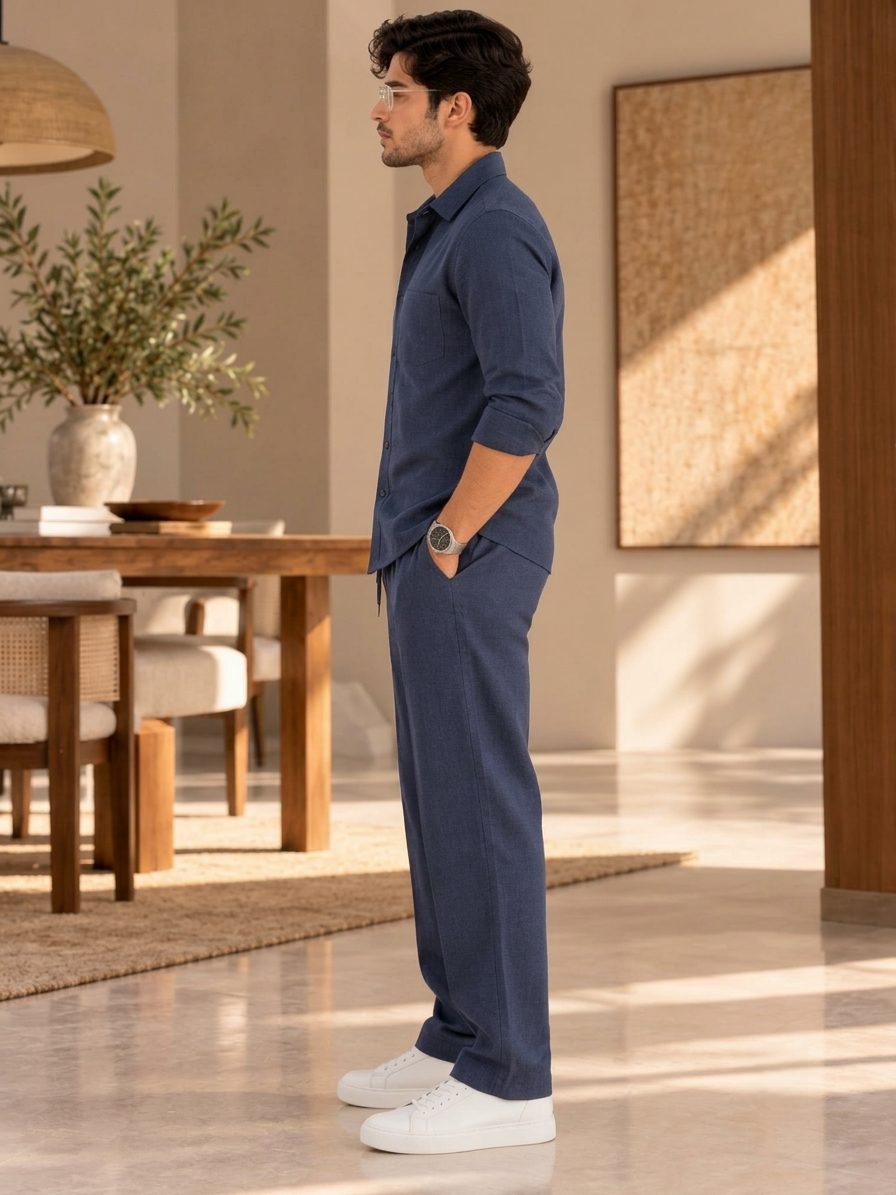 Bemount Midnight Sapphire Linen Co-ord Set in Midnight Navy, side view