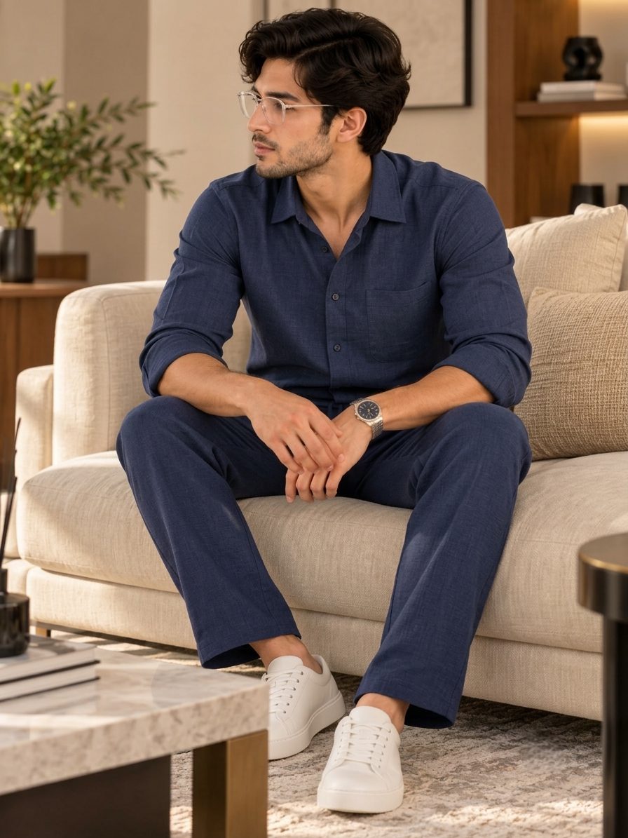 Bemount Midnight Sapphire Linen Co-ord Set in Midnight Navy, seated view