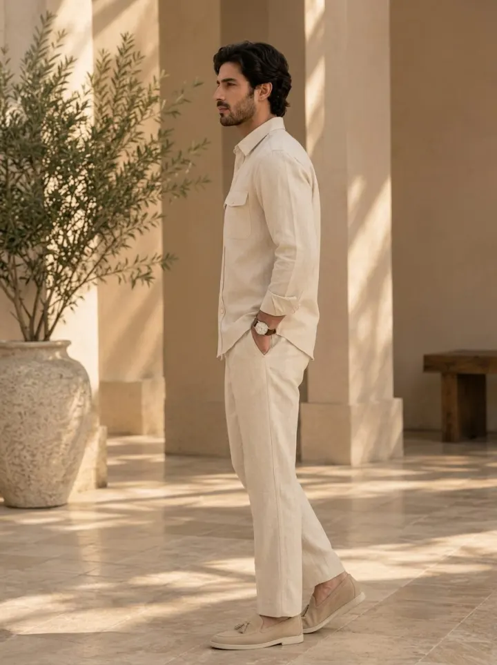Bemount Bemount Natural Linen Lounge Co-ord Set in Natural Flax, side view