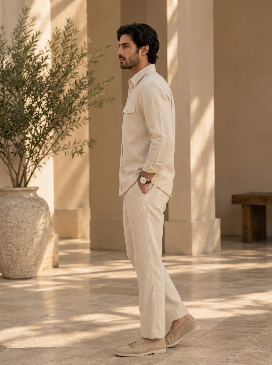 Bemount Natural Linen Lounge Co-ord Set in Natural Flax, side view