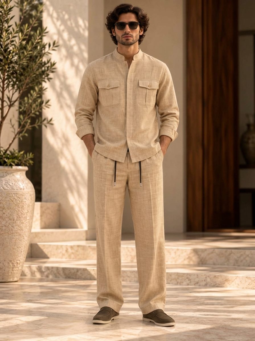 Bemount Sahil Linen Co-ord Set in Sand, front view