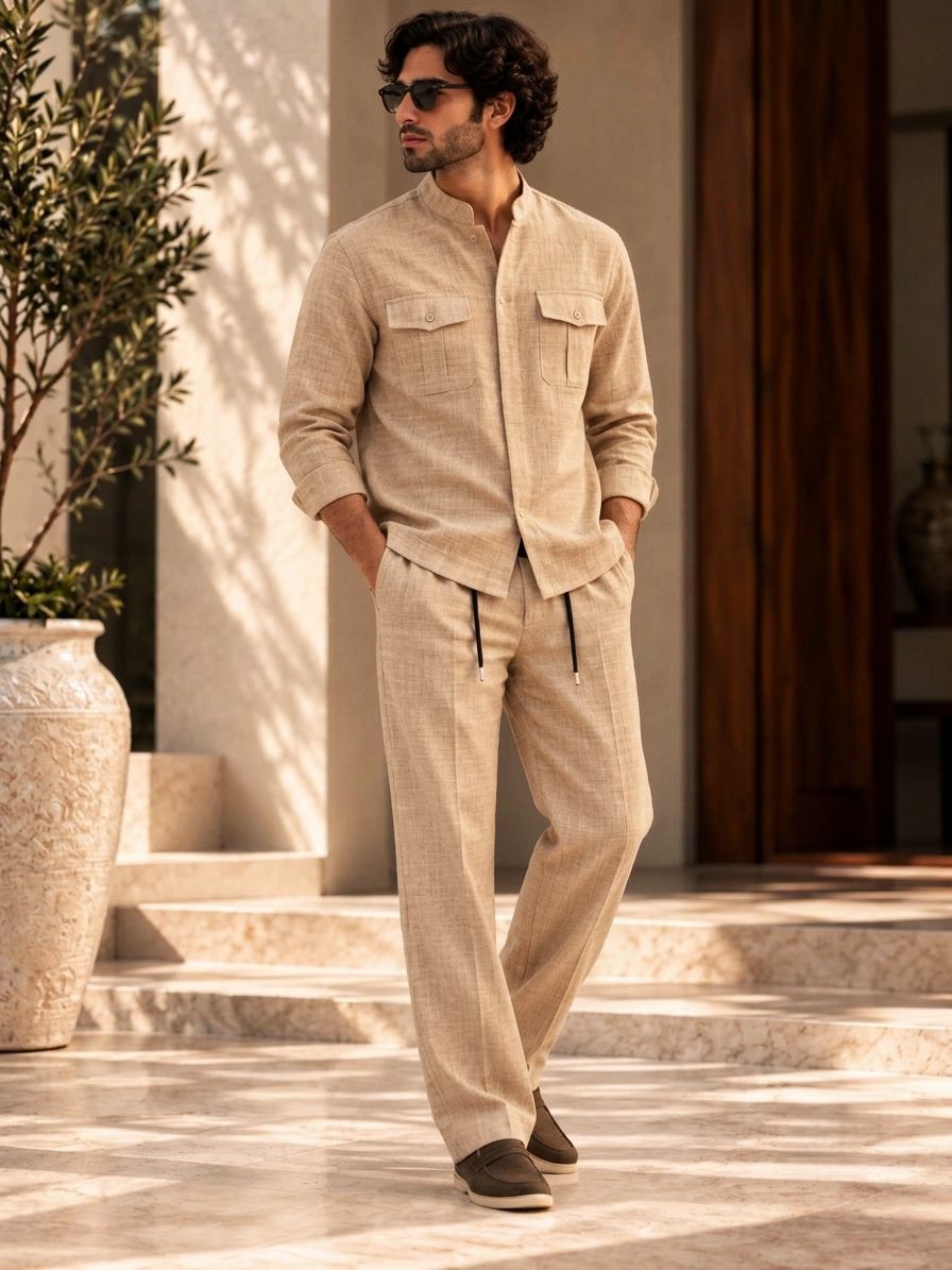 Bemount Sahil Linen Co-ord Set in Sand, walking view