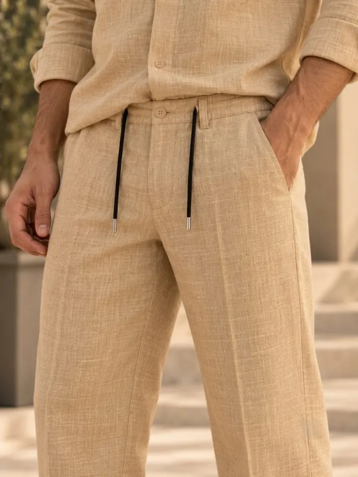 Bemount Bemount Sahil Linen Co-ord Set in Sand, drawstring waist