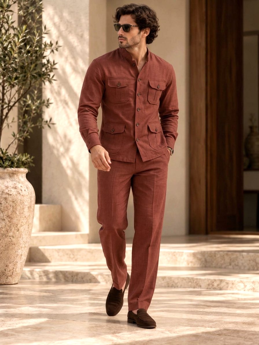 Bemount Varen Field Linen Co-ord Set in Brick Red, front view