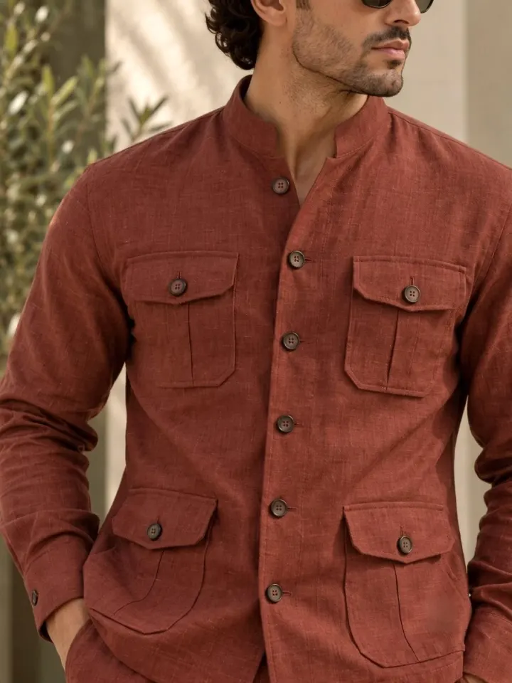 Bemount Bemount Varen Field Linen Co-ord Set in Brick Red, close-up of the four-pocket shirt