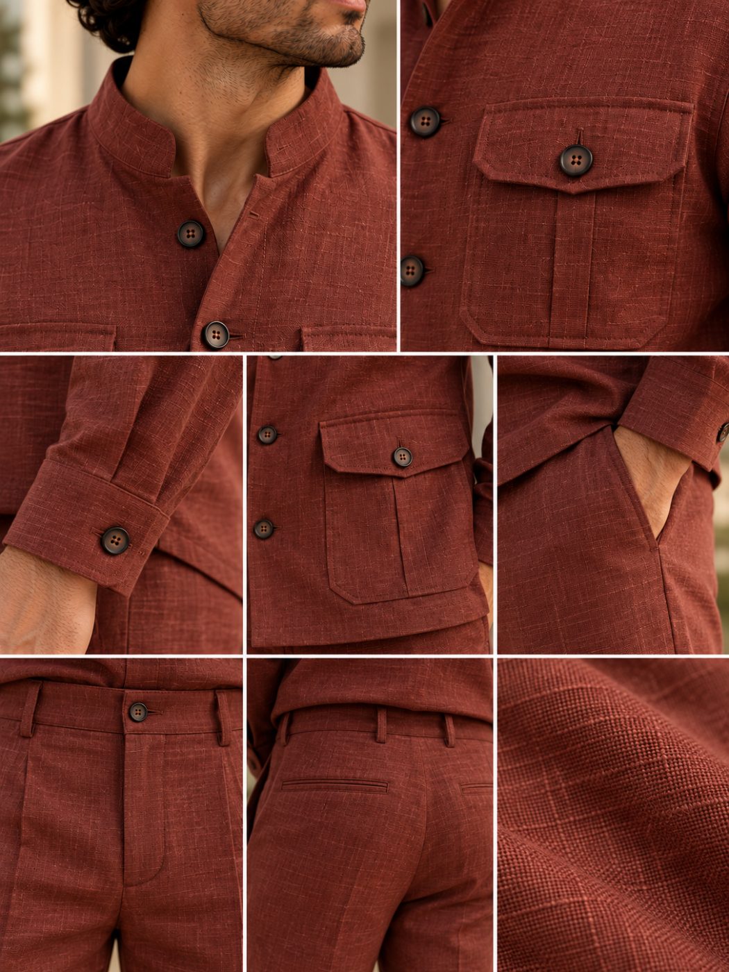 Bemount Varen Field Linen Co-ord Set in Brick Red, collar, pocket, cuff and waistband details
