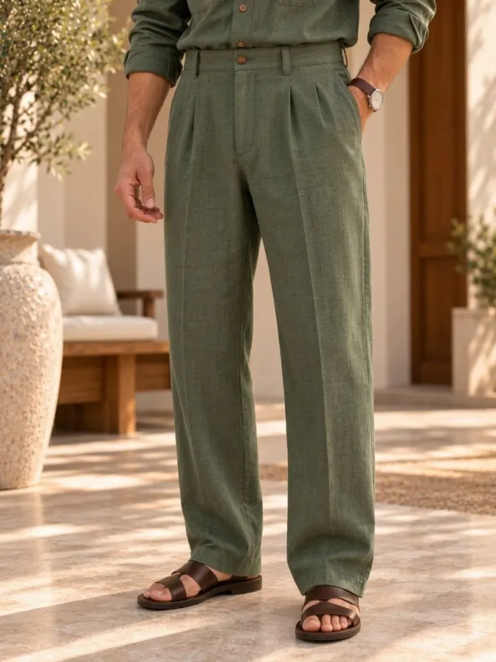 Bemount Bemount Ved Utility Linen Co-ord Set in Sage Green, pleated trousers