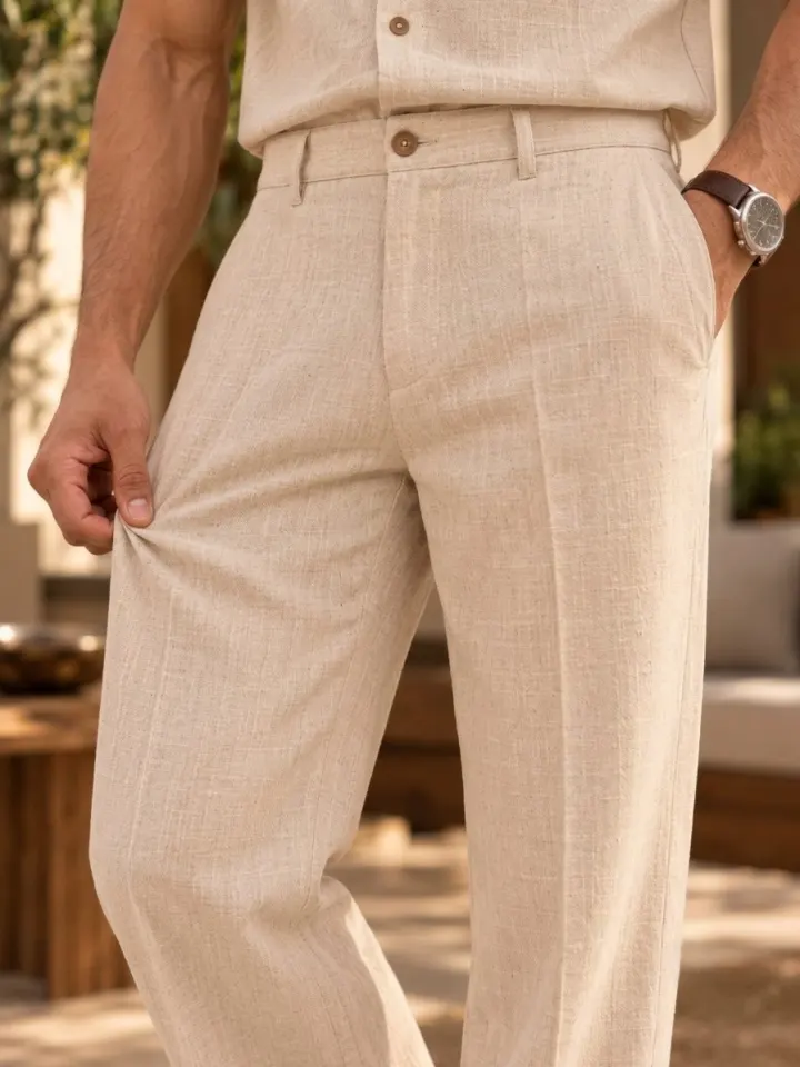 Bemount Bemount Zayn Resort Linen Co-ord Set in Oatmeal, trouser detail
