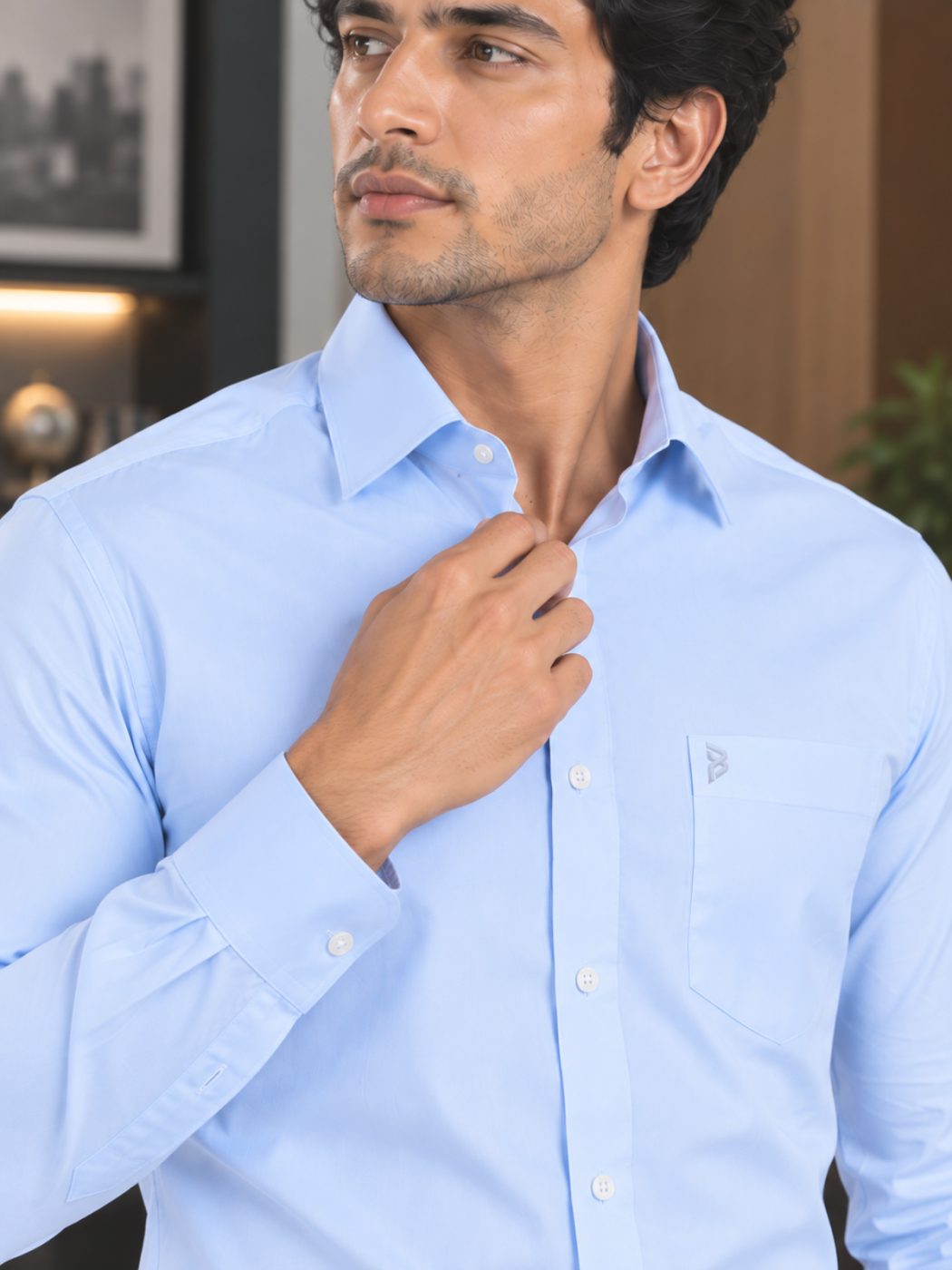 Bemount Bemount Ice Blue Poplin Shirt in Ice Blue, closeup view