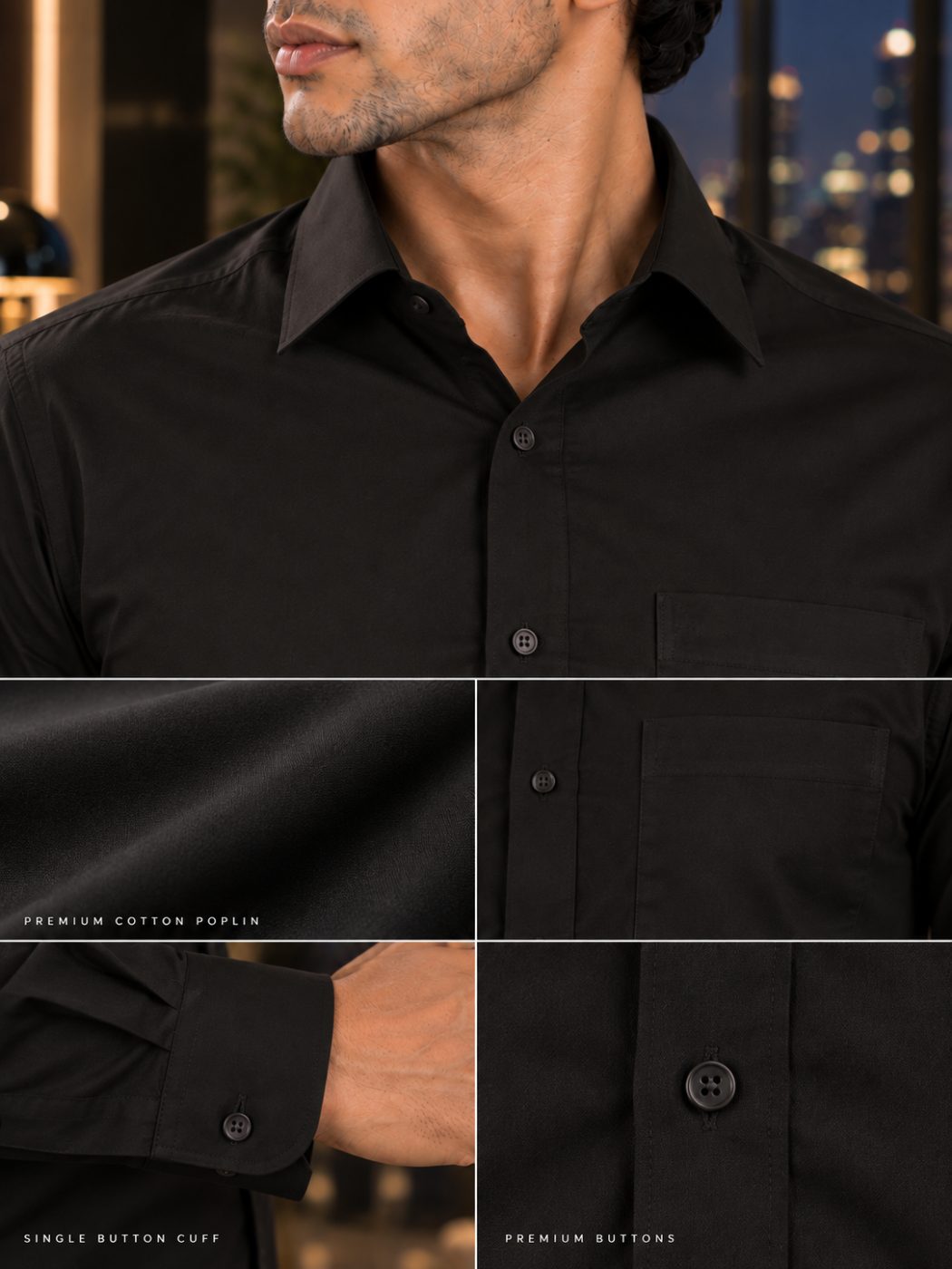 Bemount Bemount Premium Black Poplin Shirt in Black, fabric and detail close-ups