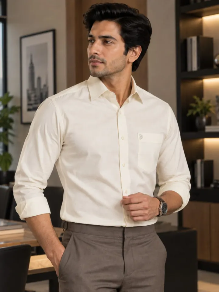 Bemount Bemount Soft Ivory Cotton Poplin Shirt in Soft Ivory, front view