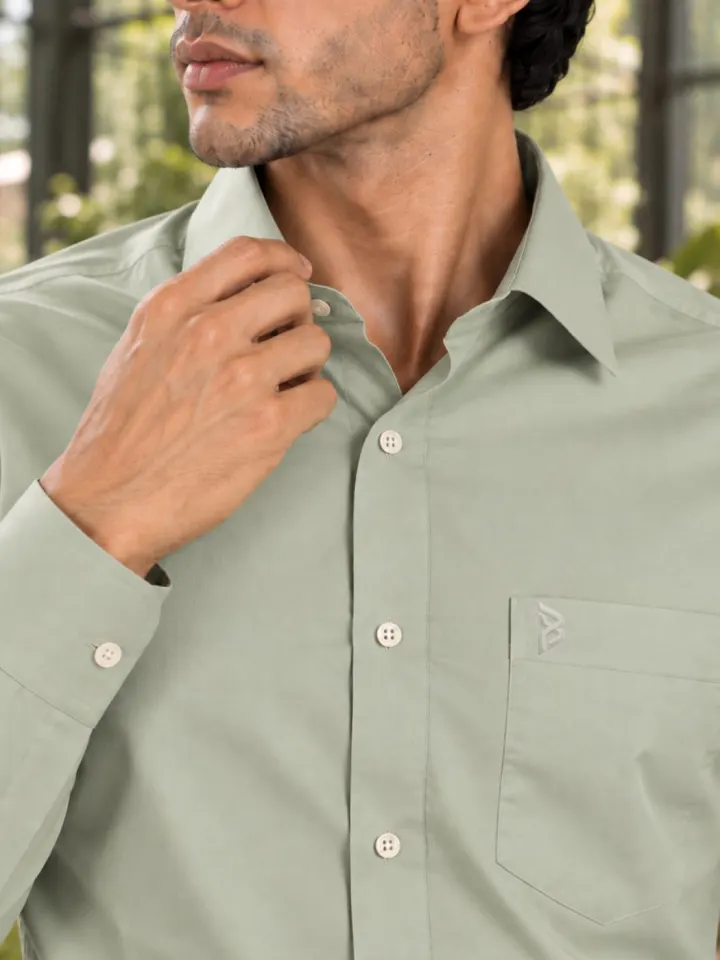 Bemount Bemount Soft Sage Green Poplin Shirt in Soft Sage Green, closeup view