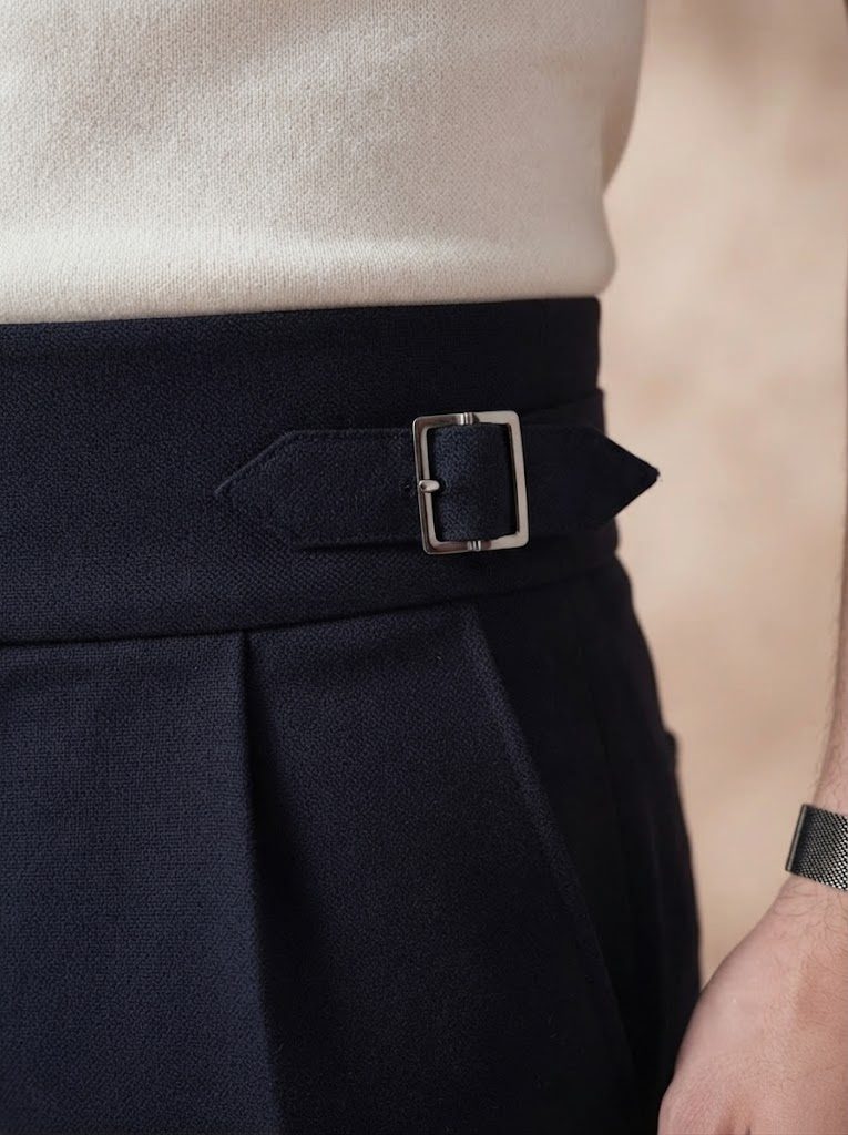 Midnight Navy Gurkha Trouser, buckle view