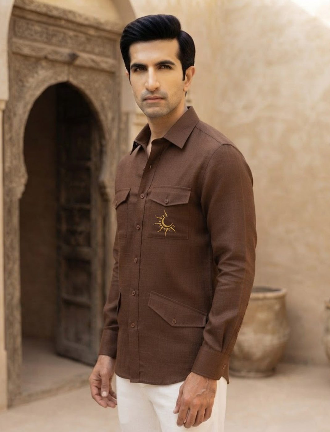 Rajputana Tobacco Linen Hunter Shirt, view 1
