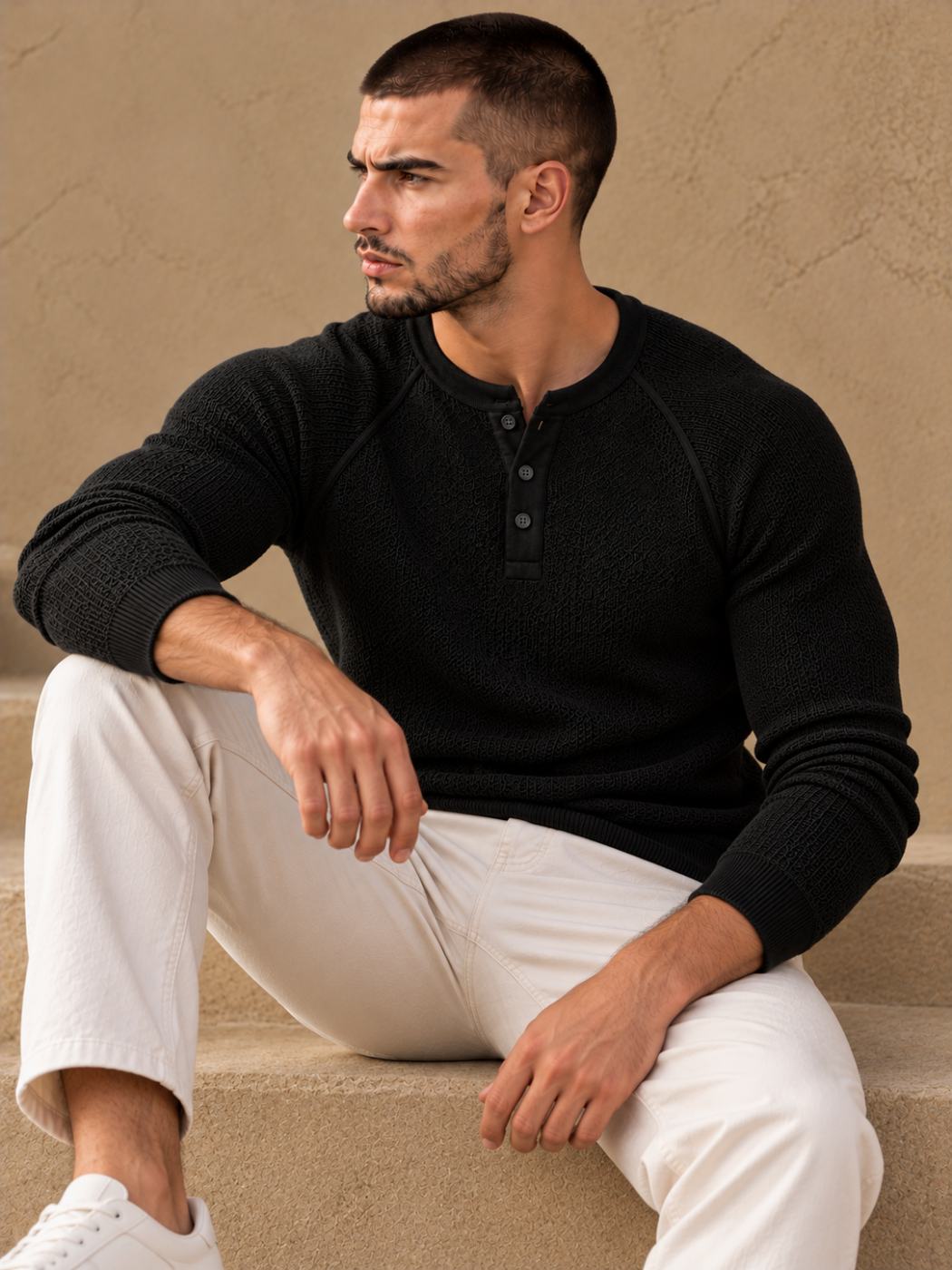 Bemount Bemount Black Birdseye Raglan Henley, view 2