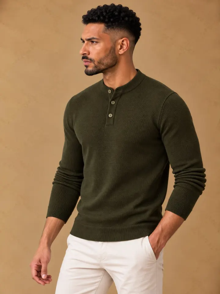 Bemount Bemount Dark Olive Structured Band-Collar Henley, view 3