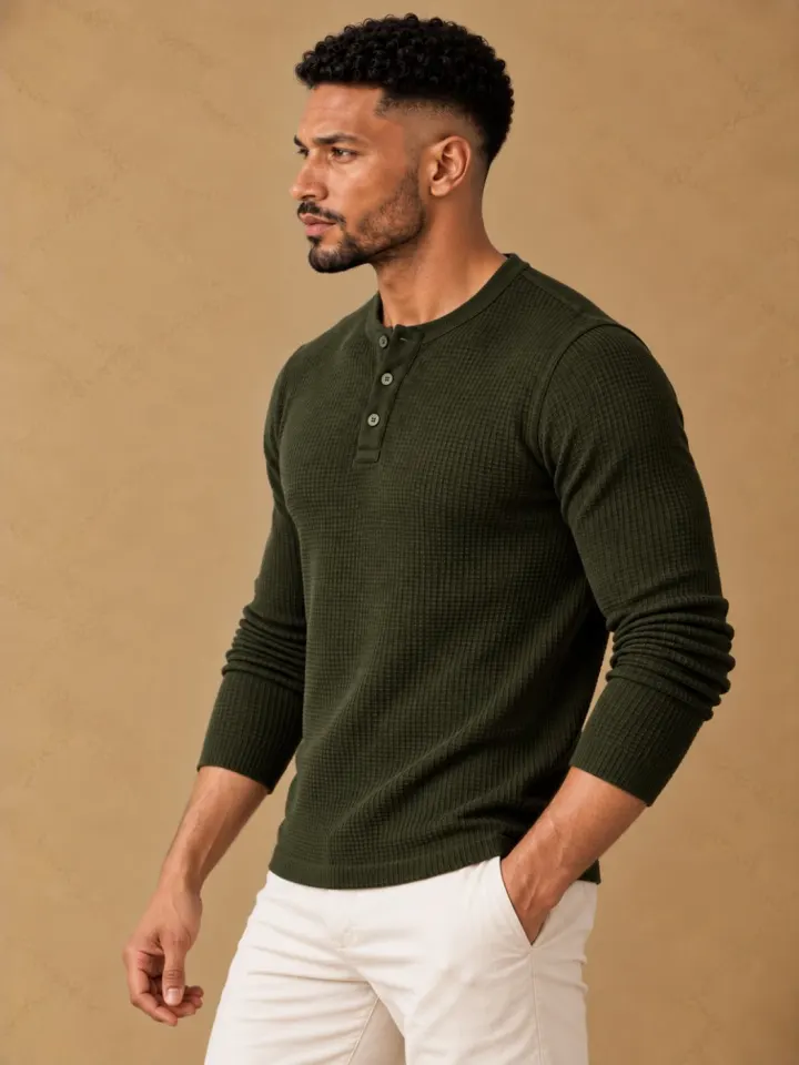 Bemount Bemount Deep Forest Olive Classic Textured Knit Henley, view 3
