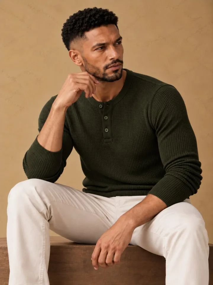 Bemount Bemount Deep Forest Olive Classic Textured Knit Henley, view 5