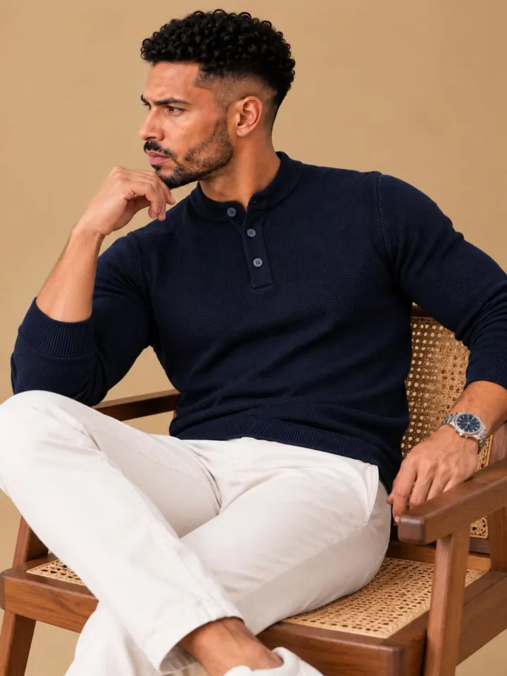 Bemount Bemount Midnight Navy Structured Band-Collar Henley, view 2