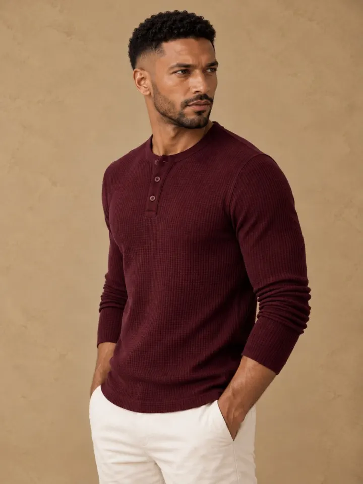 Bemount Bemount Oxblood Burgundy Classic Textured Knit Henley, view 3