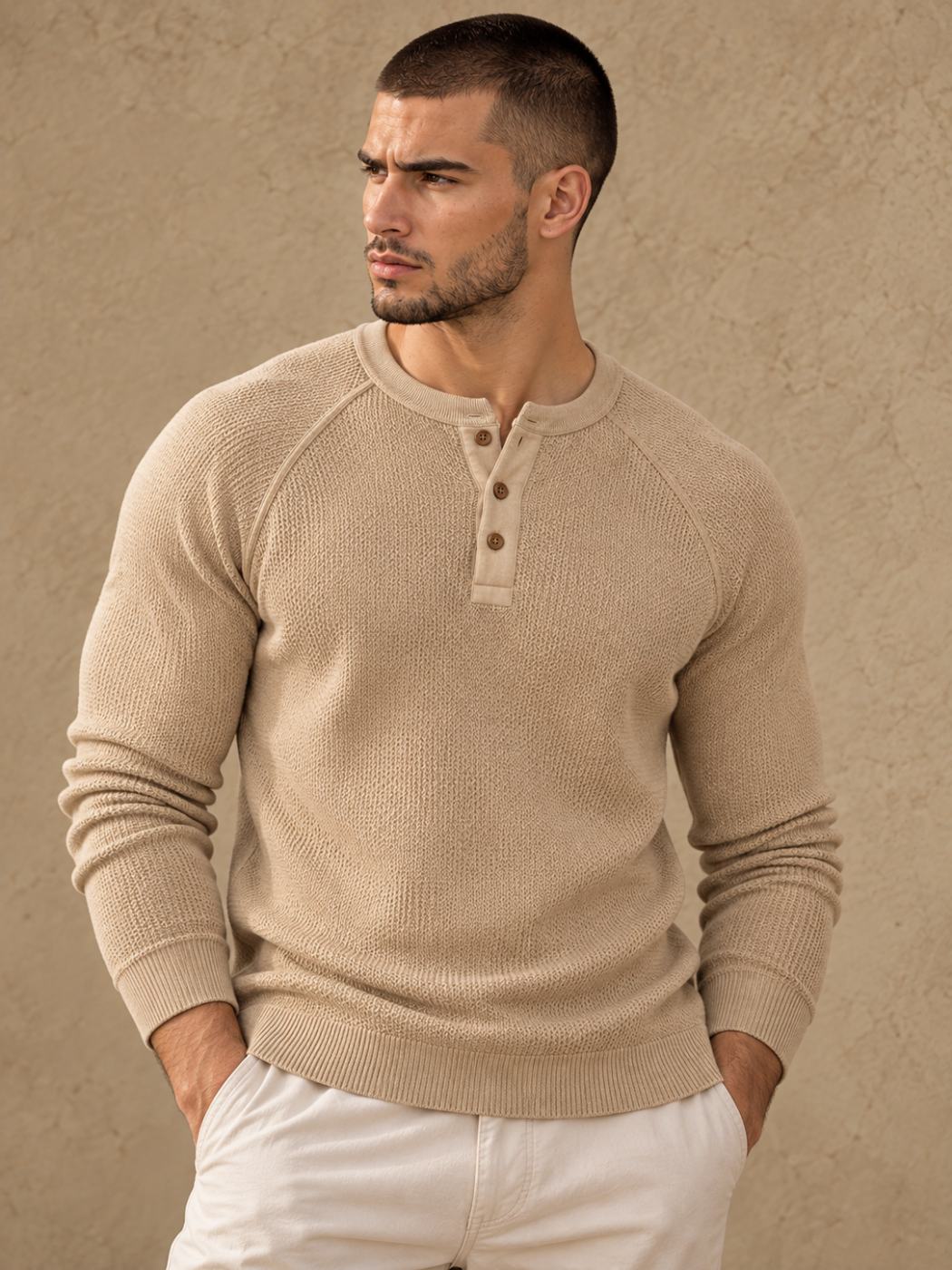 Bemount Bemount Sand Beige Birdseye Raglan Henley, front view