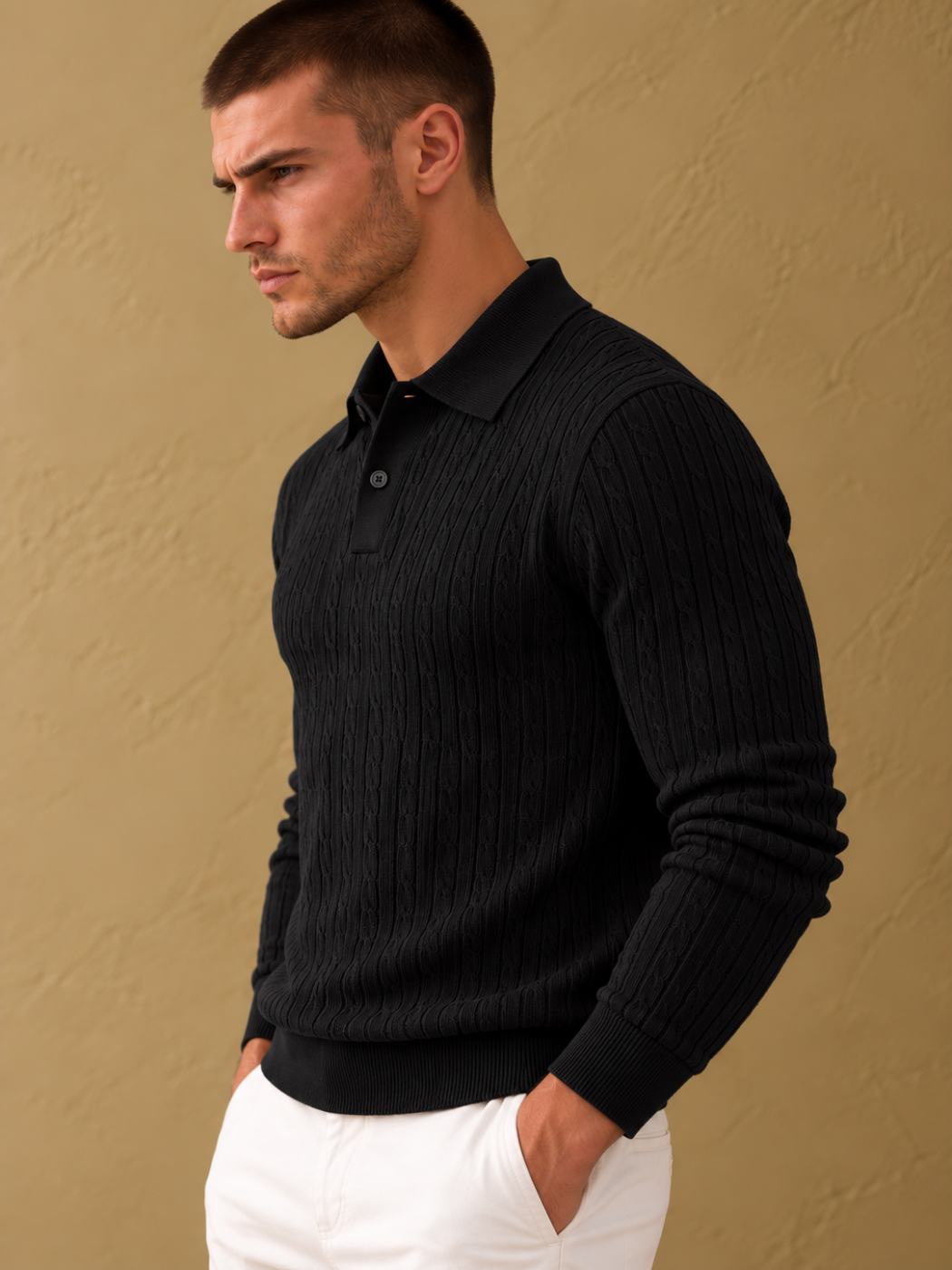 Bemount Bemount Black Sculpted Vertical Rib Knit Polo, view 3