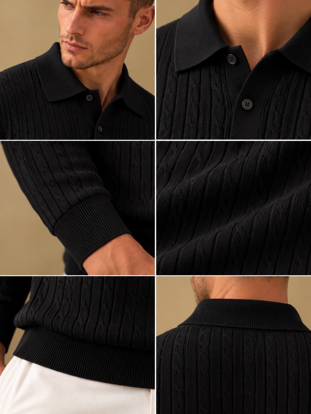 Bemount Bemount Black Sculpted Vertical Rib Knit Polo, view 6