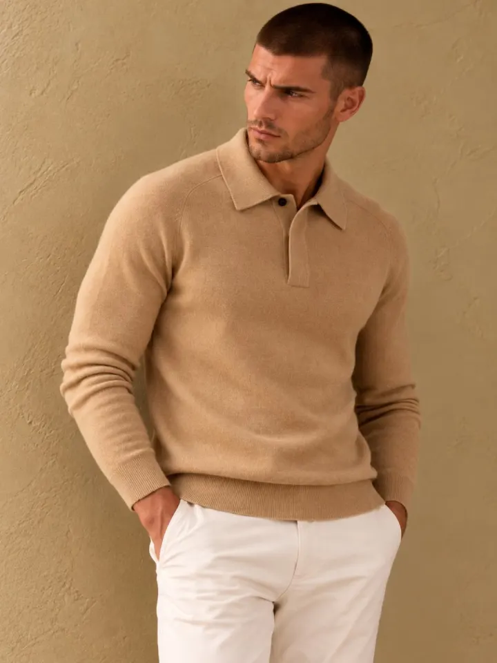 Bemount Bemount Camel Cashmere Fine-Gauge One-Button Polo, front view