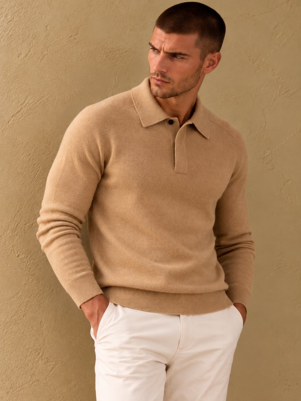 Bemount Camel Cashmere Fine-Gauge One-Button Polo