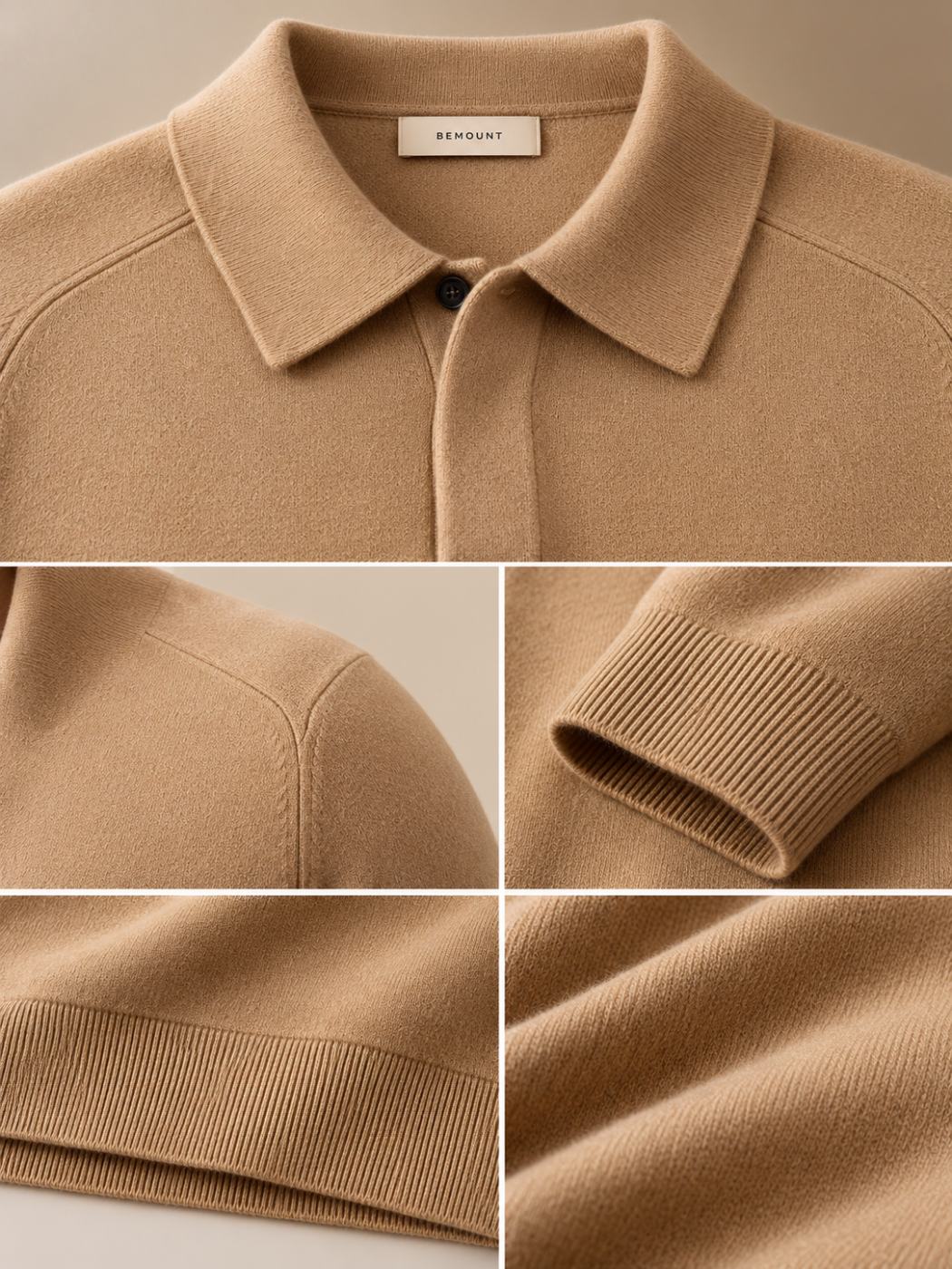 Bemount Bemount Camel Cashmere Fine-Gauge One-Button Polo, view 5