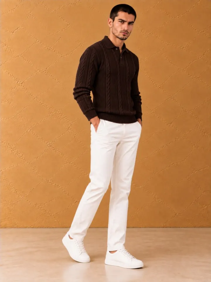 Bemount Bemount Dark Chocolate Cable-Knit Polo, view 4
