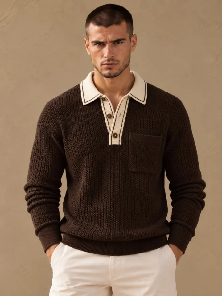Bemount Bemount Dark Chocolate Signature Contrast-Trim Textured Knit Polo, front view