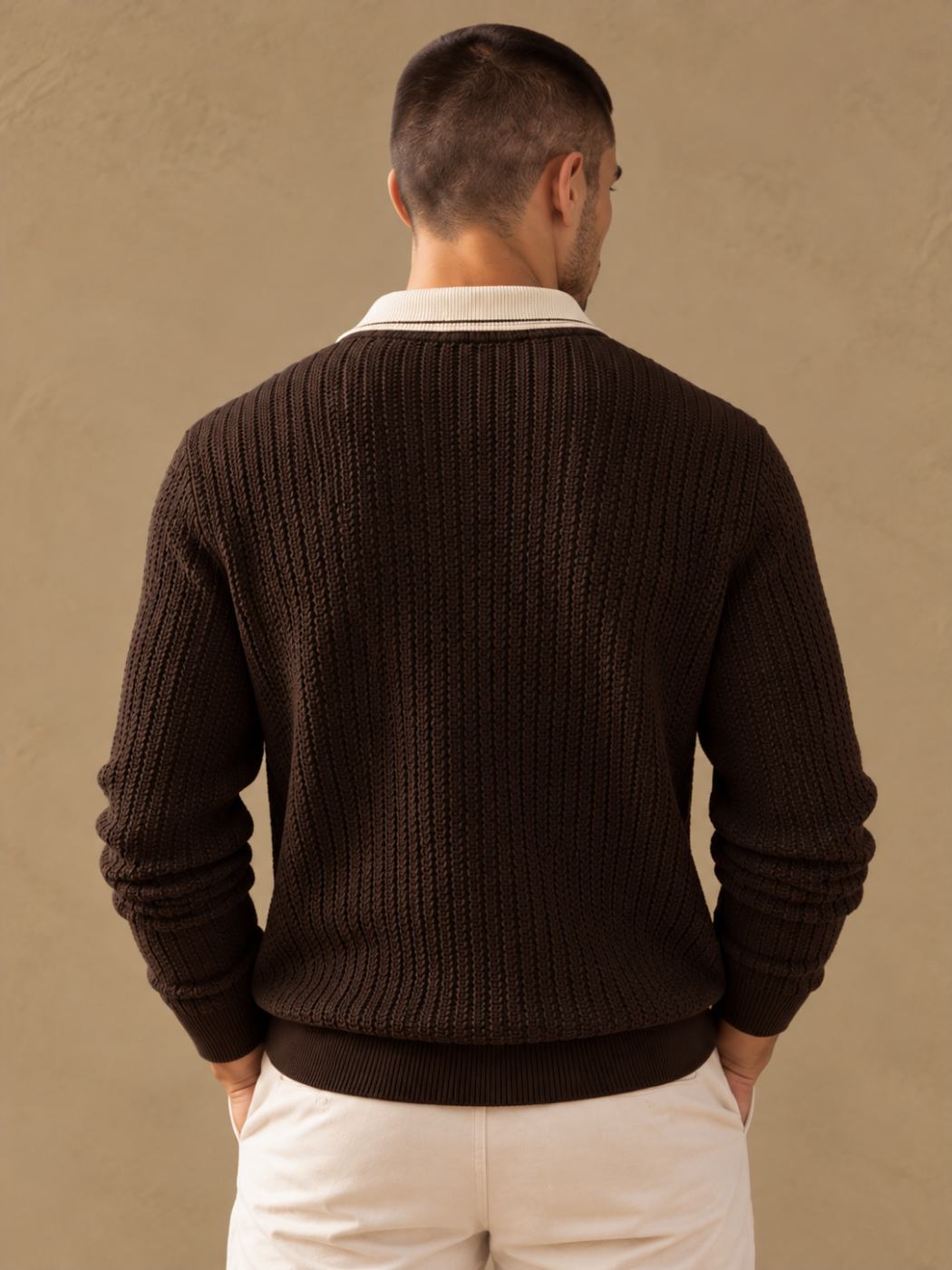 Bemount Bemount Dark Chocolate Signature Contrast-Trim Textured Knit Polo, view 3