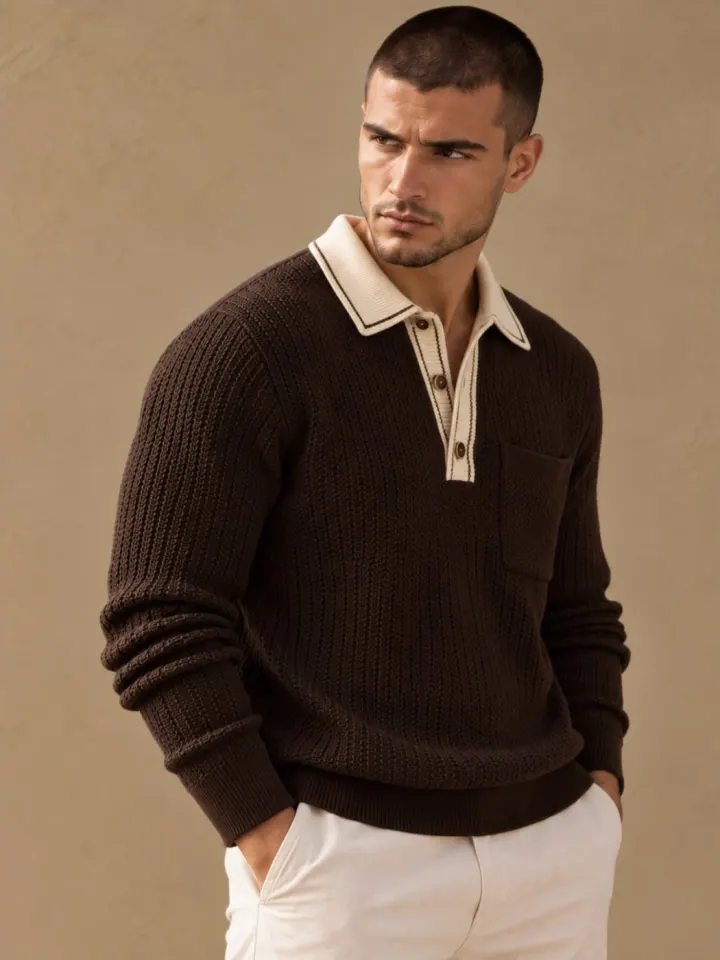 Bemount Bemount Dark Chocolate Signature Contrast-Trim Textured Knit Polo, view 4