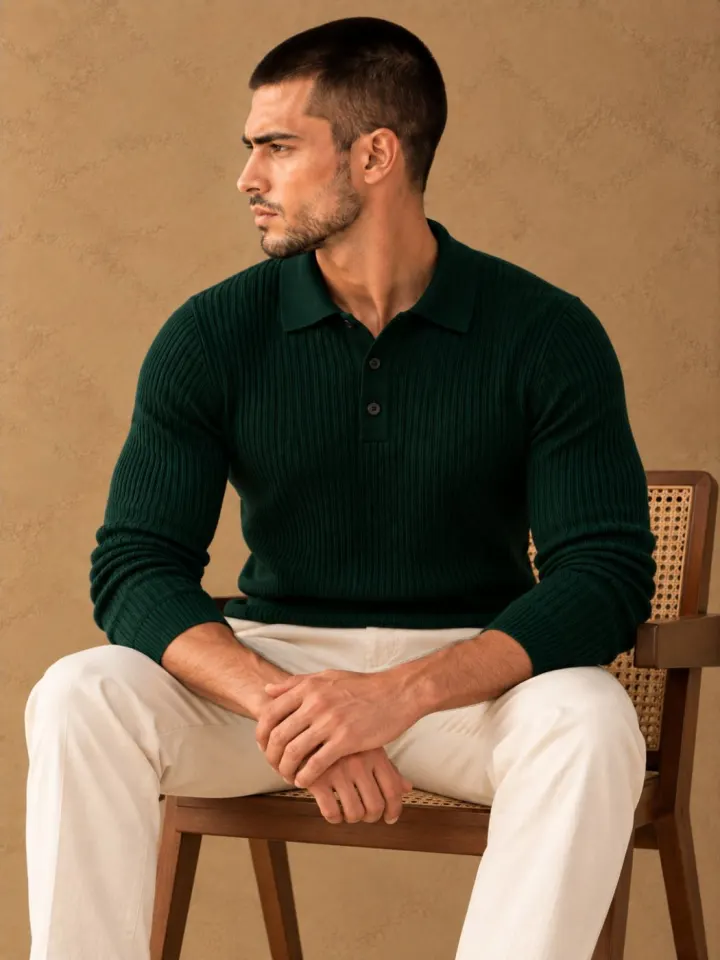 Bemount Bemount Dark Green Signature Ribbed Knit Polo, view 3