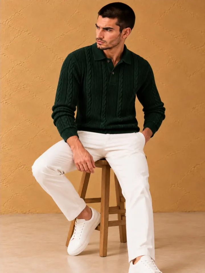 Bemount Bemount Forest Green Cable-Knit Polo, view 2